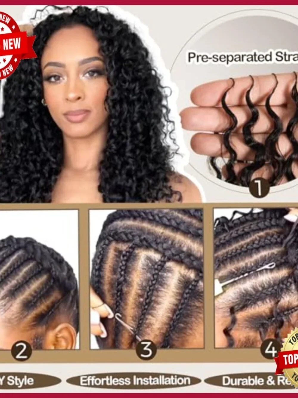 16 Inch Brazilian Virgin Deep Curly Crochet Hair Extensions, 60g Knotless
